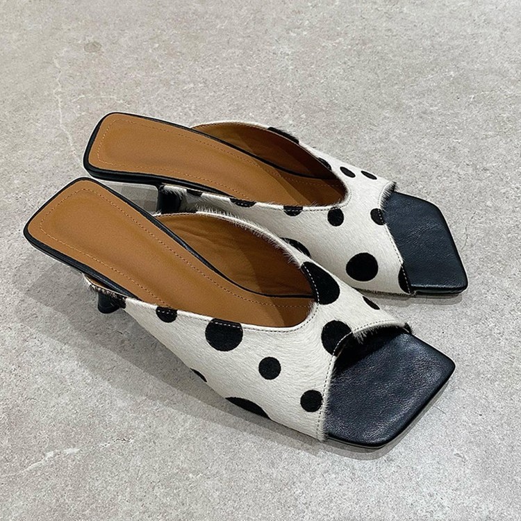 Elegant Polka-dot Square-toe Horsehair Slippers For Women - Image 3