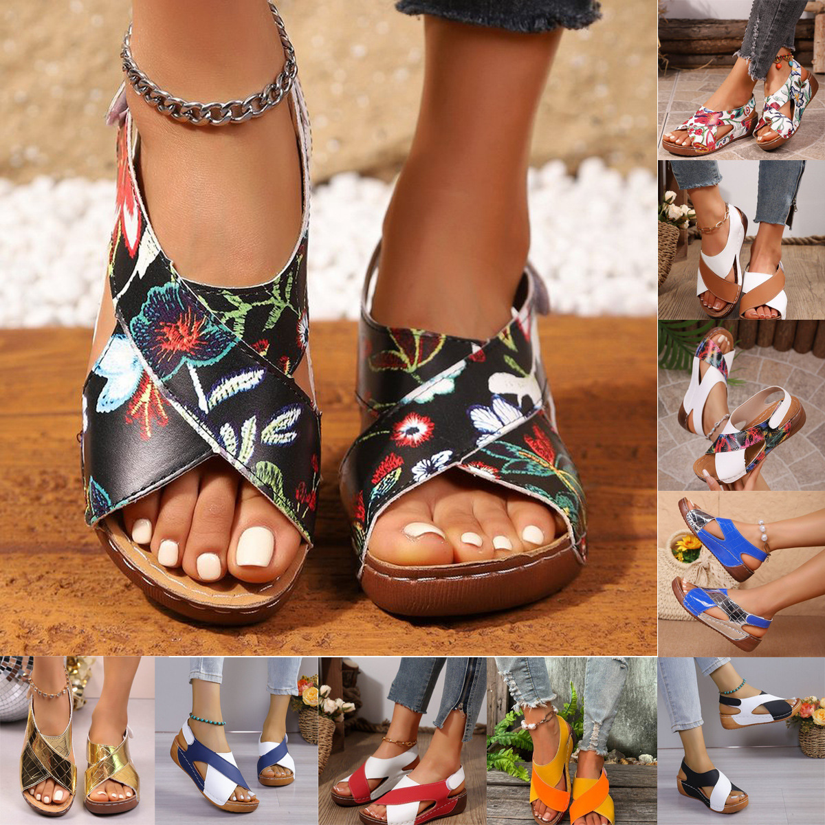 Womens Chunky-soled Color-block Roman Sandals